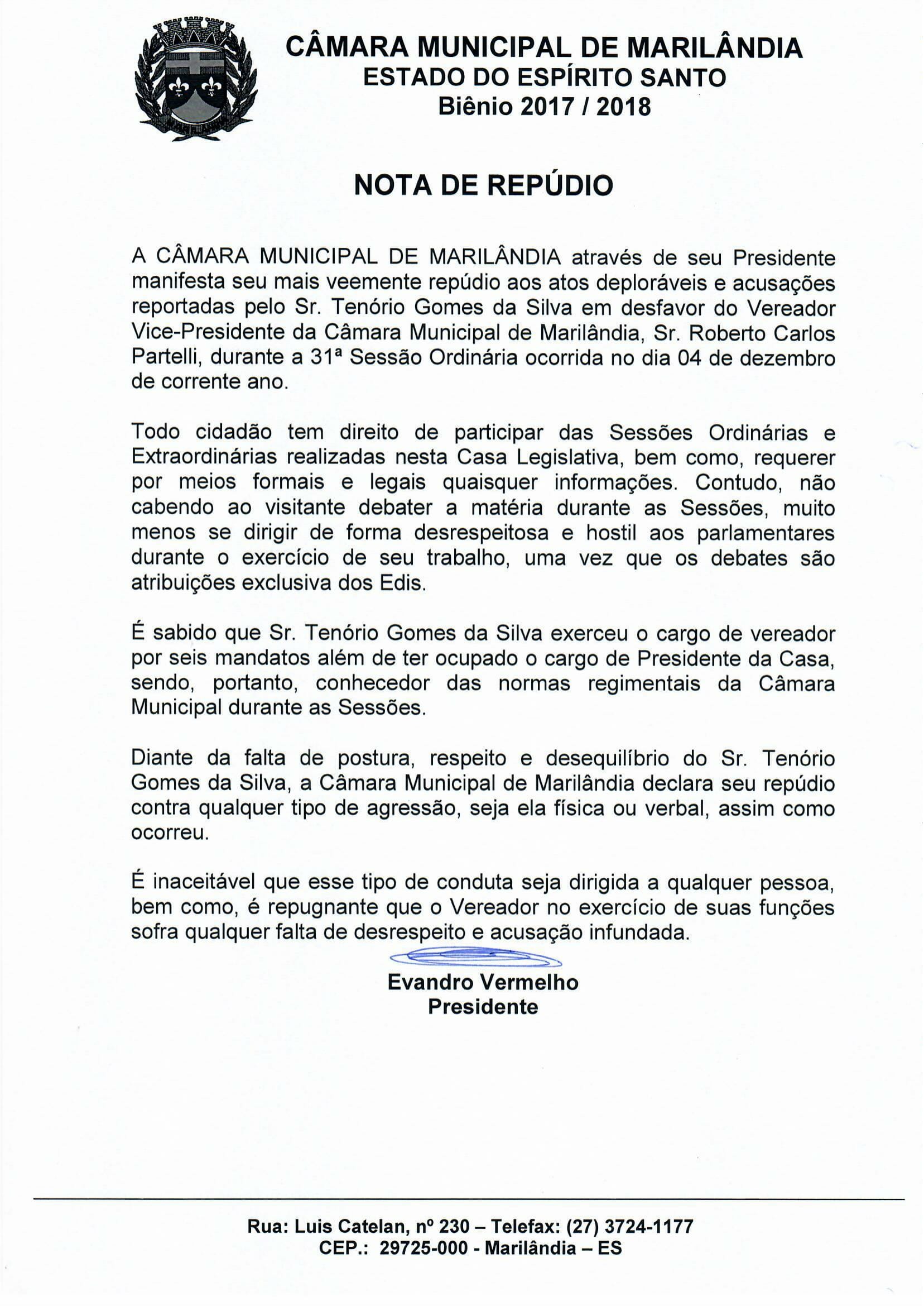 Presidente da Câmara repudia atos de desrespeito praticados pelo ex-vereador Tenório Gomes da Silva.